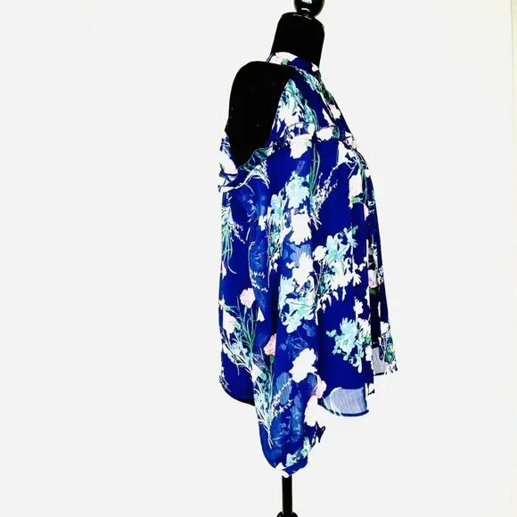 C Boho Chic Floral Blouse Chiffon Cold ShoulderBlue Top By C Size Small - Picture 6 of 8